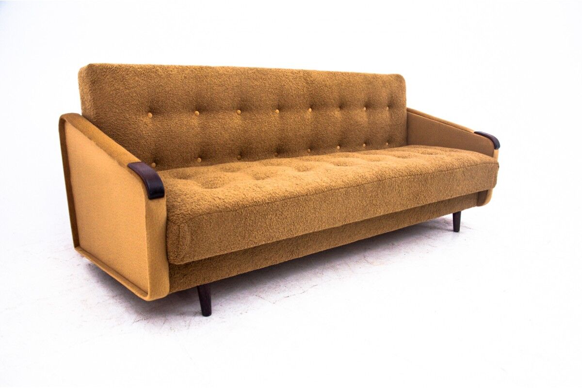 Midcentury modern yellow fabric bouclé sofa, Denmark, 1960s. After restoration.