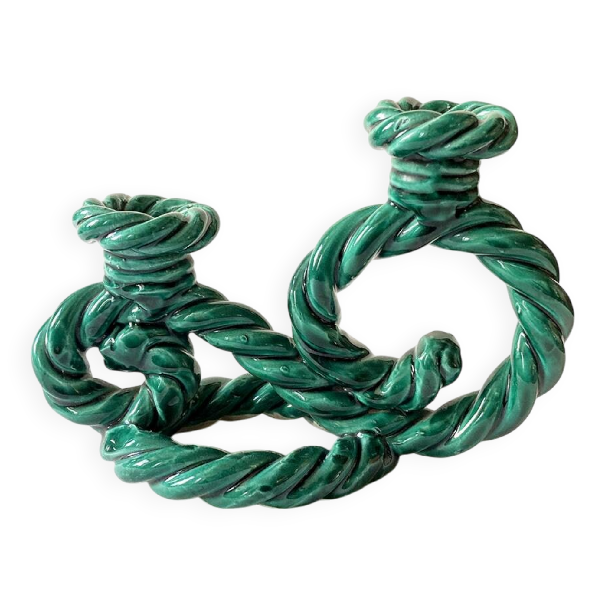 Two-armed candlestick in green glazed ceramic, braided effect