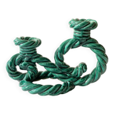 Two-armed candlestick in green glazed ceramic, braided effect