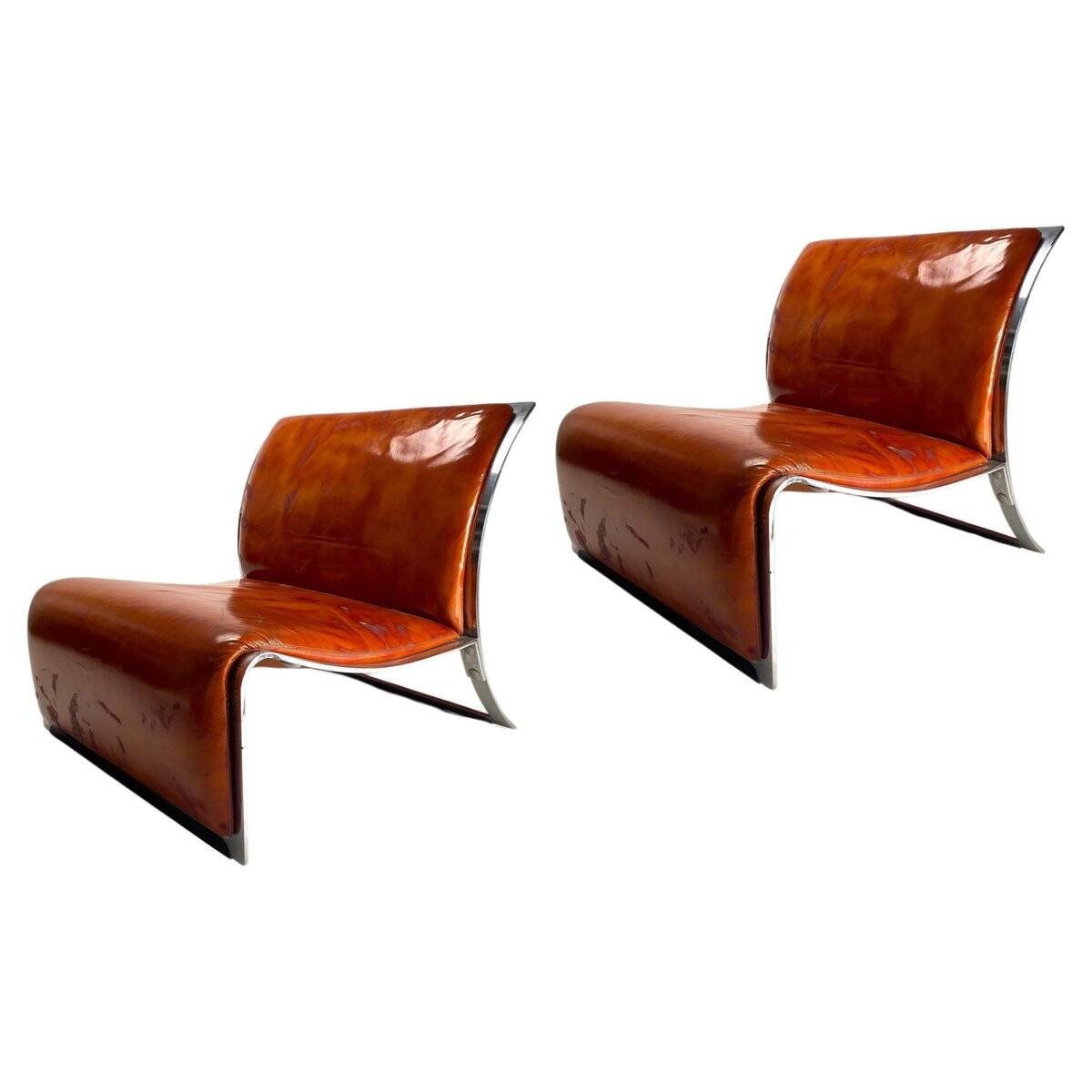Set of Chromed Metal and Leather Armchairs by Vittorio Introini for Saporiti, 1965