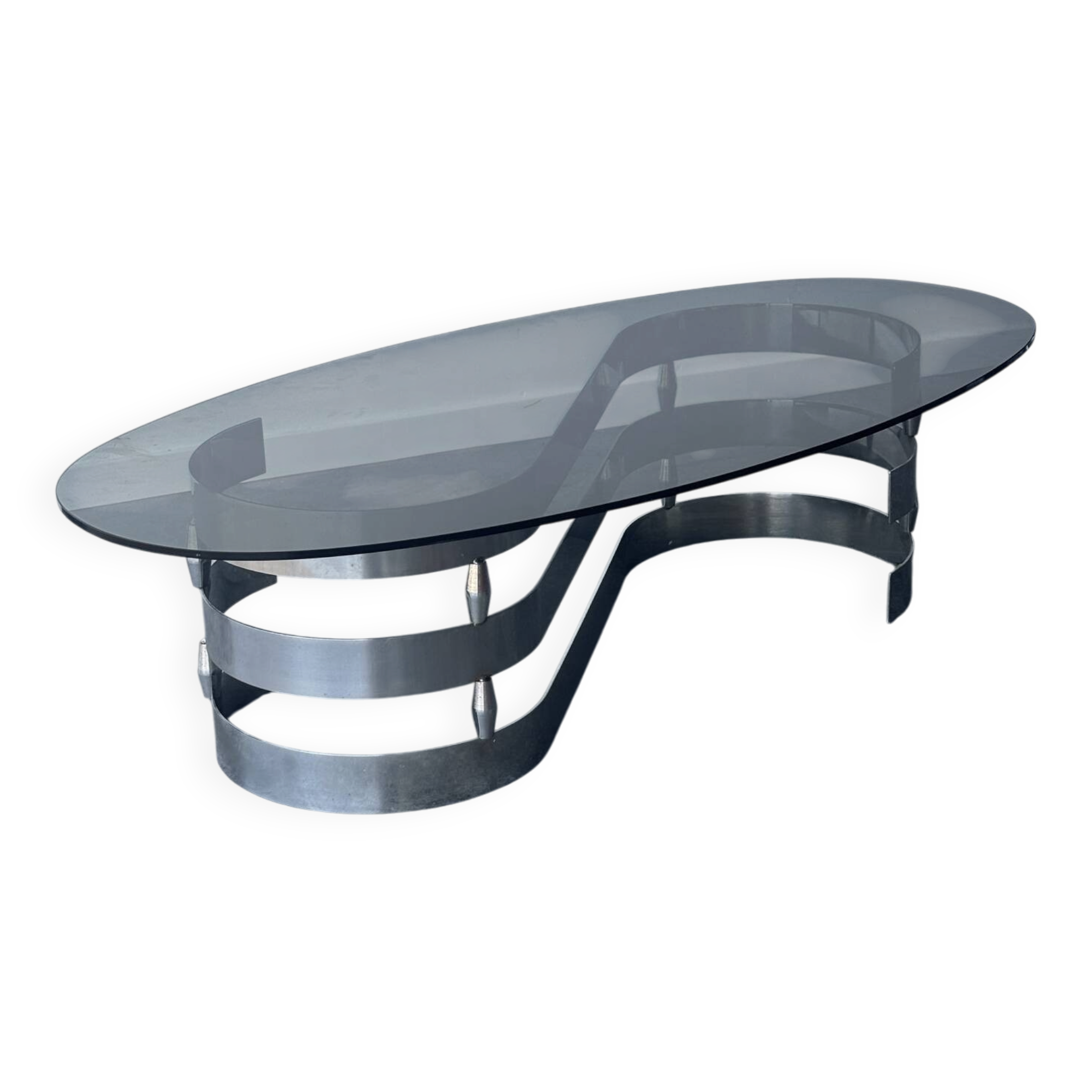 Table basse design en verre fumé et chrome 1970