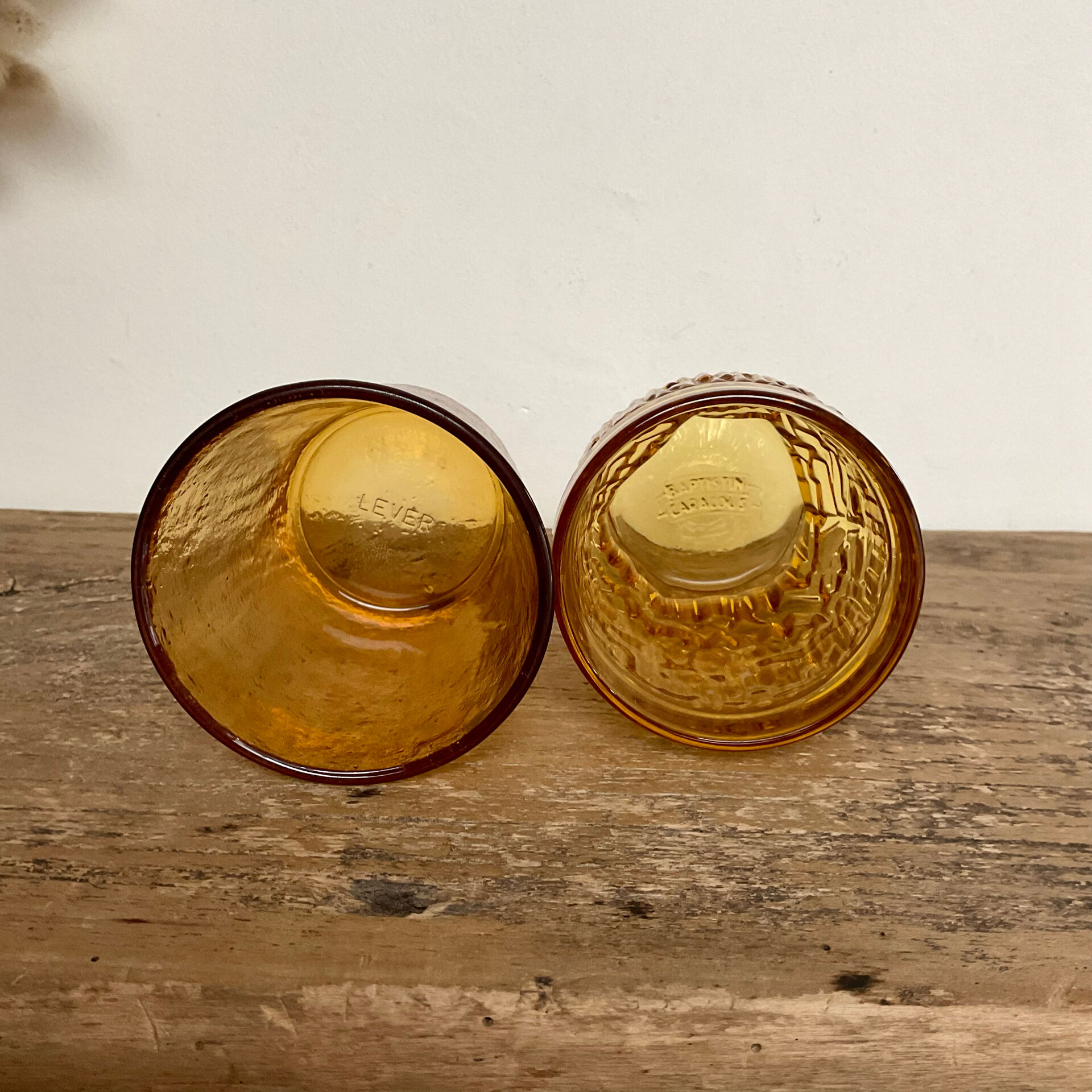4 mismatched amber glasses
