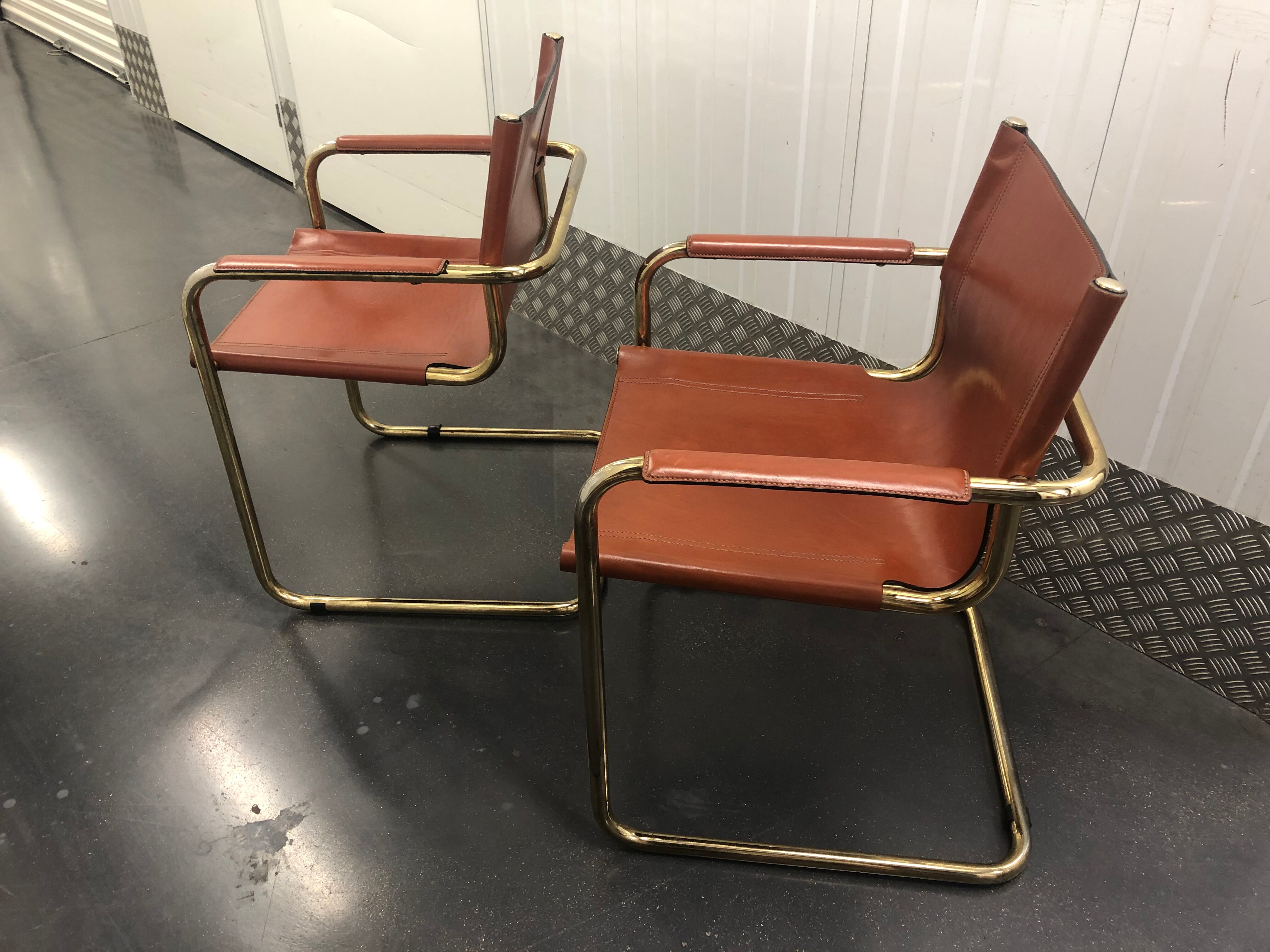 Pair of Cantilever armchairs tawny leather circa 1970