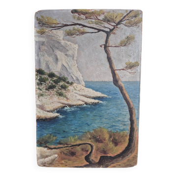 Huile sur carton, Bord de côte au pin penché