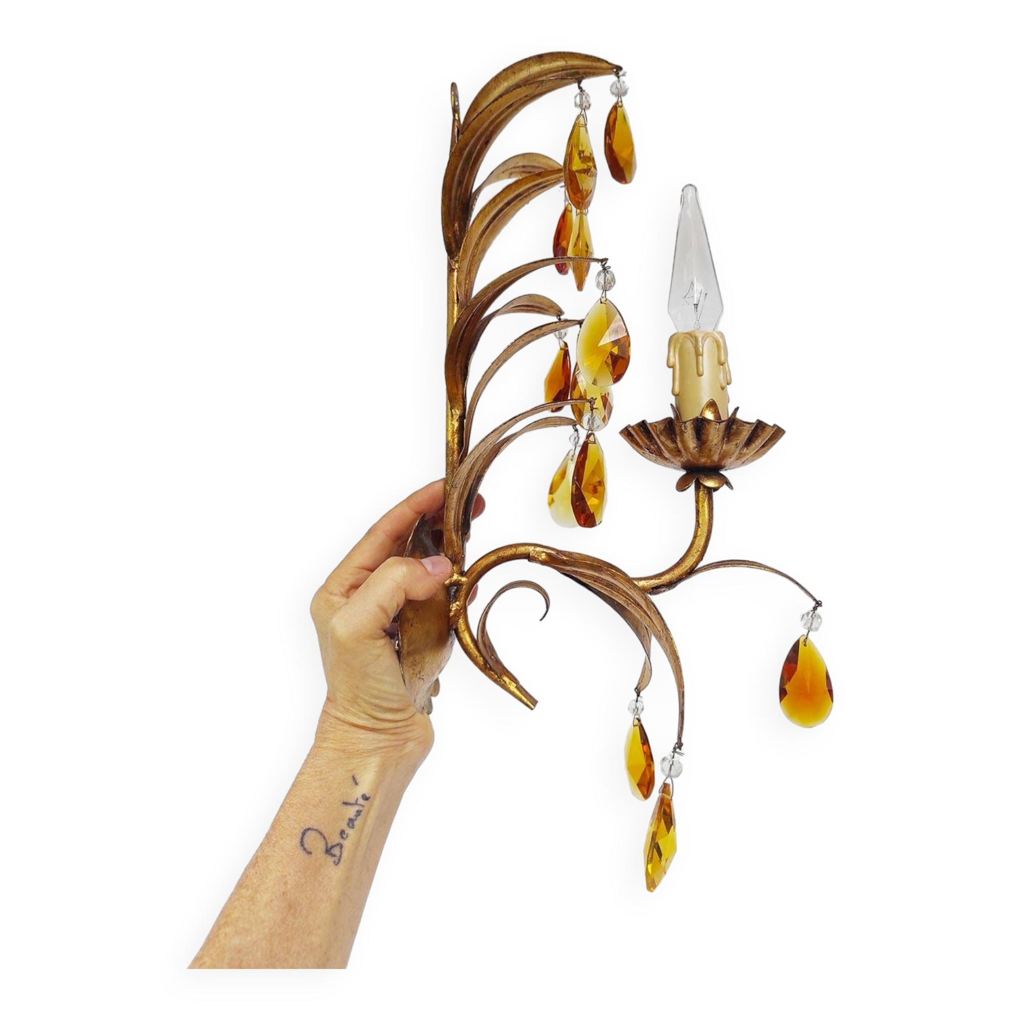 Applique italienne vintage en métal doré avec des pampilles ambre