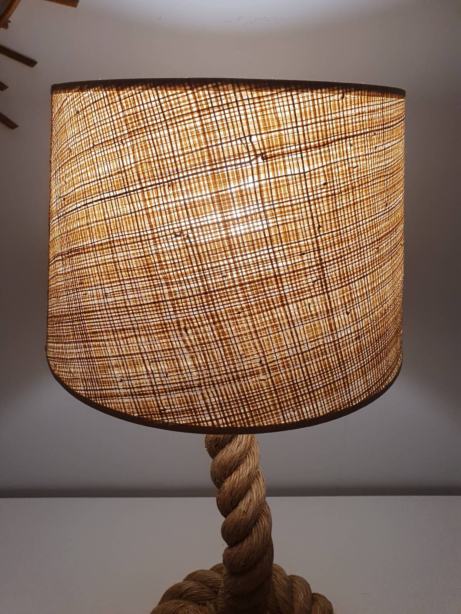Craft rope lamp with lampshade in raffia 60s-70s