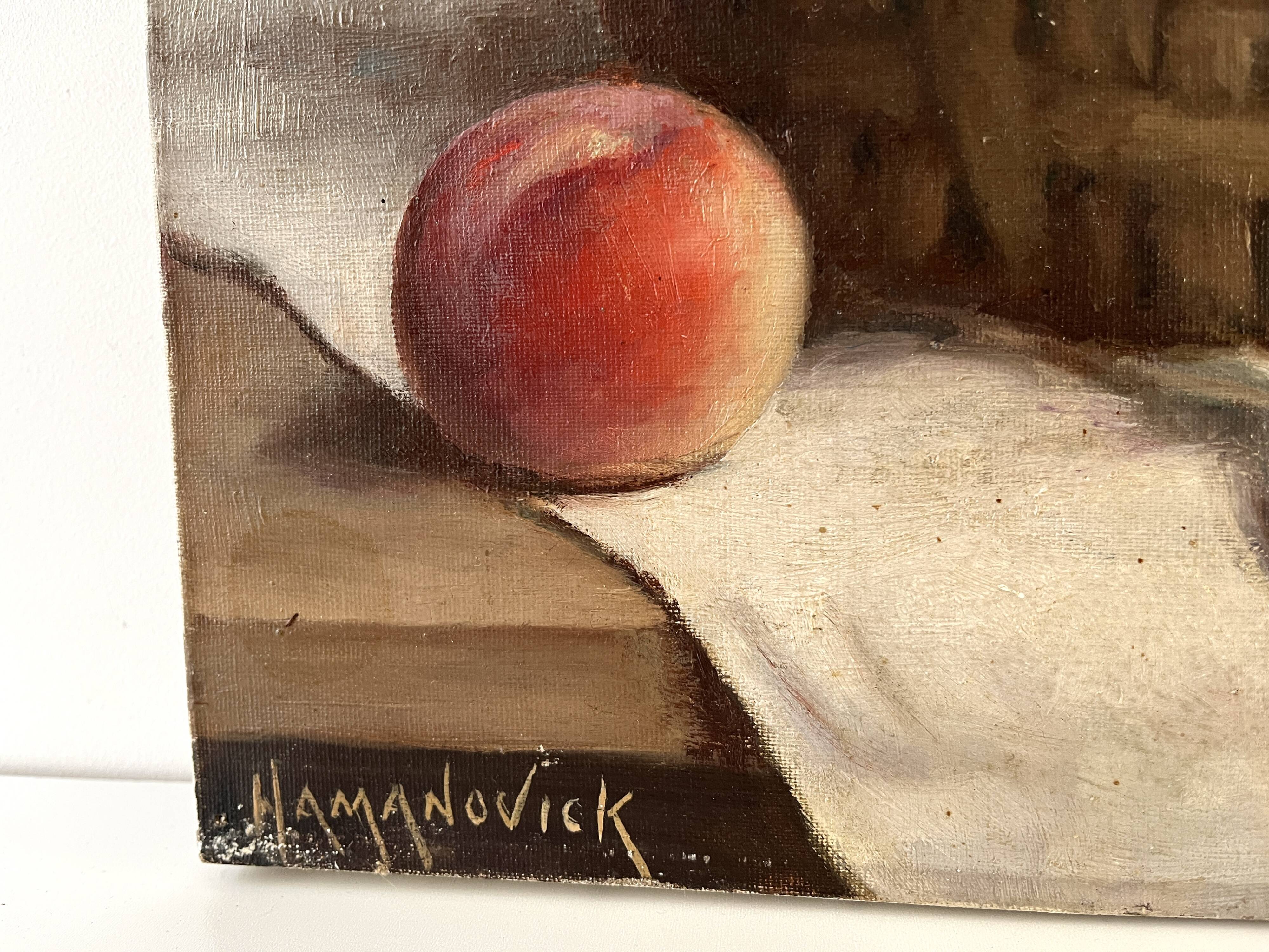 Authentic still life with peaches signed Gaston Hamanovick 1920
