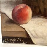 Authentic still life with peaches signed Gaston Hamanovick 1920