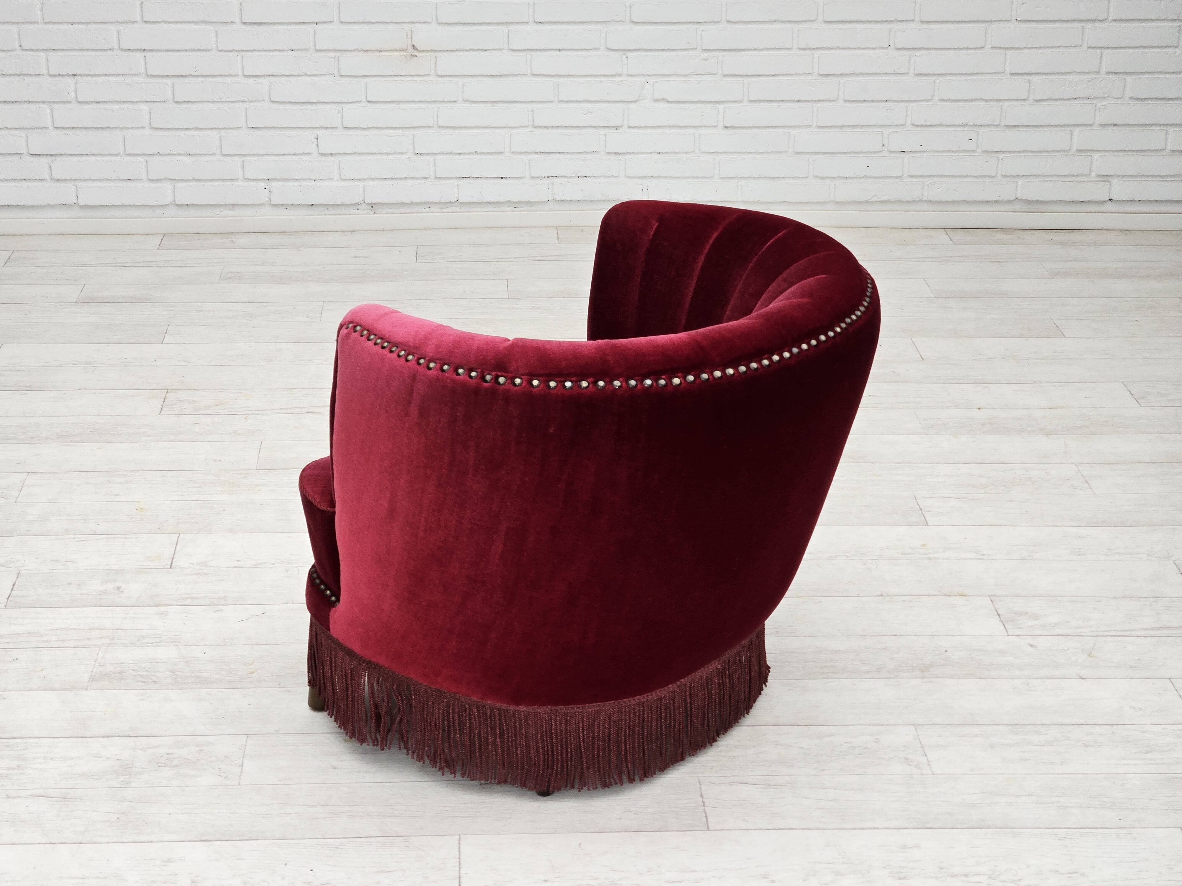 1970s, Danish lounge chair, original condition, cherry-red velour fabric.