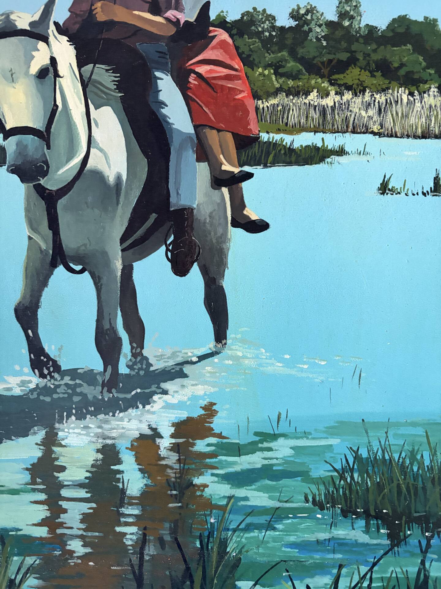 River crossing on horseback, on a sign by Campana.