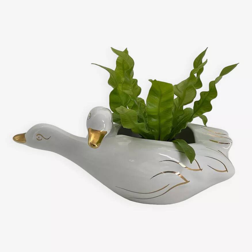 Vintage white and gold porcelain two swan planter