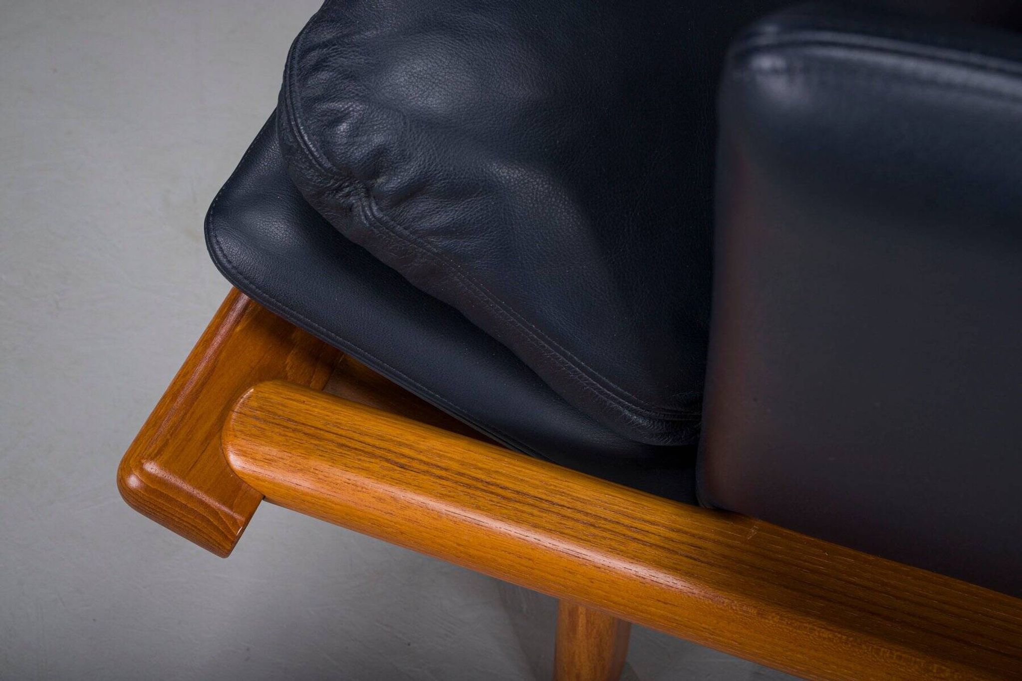 Danish teak and navy blue leather 3-seater sofa from Komfort, 1970s