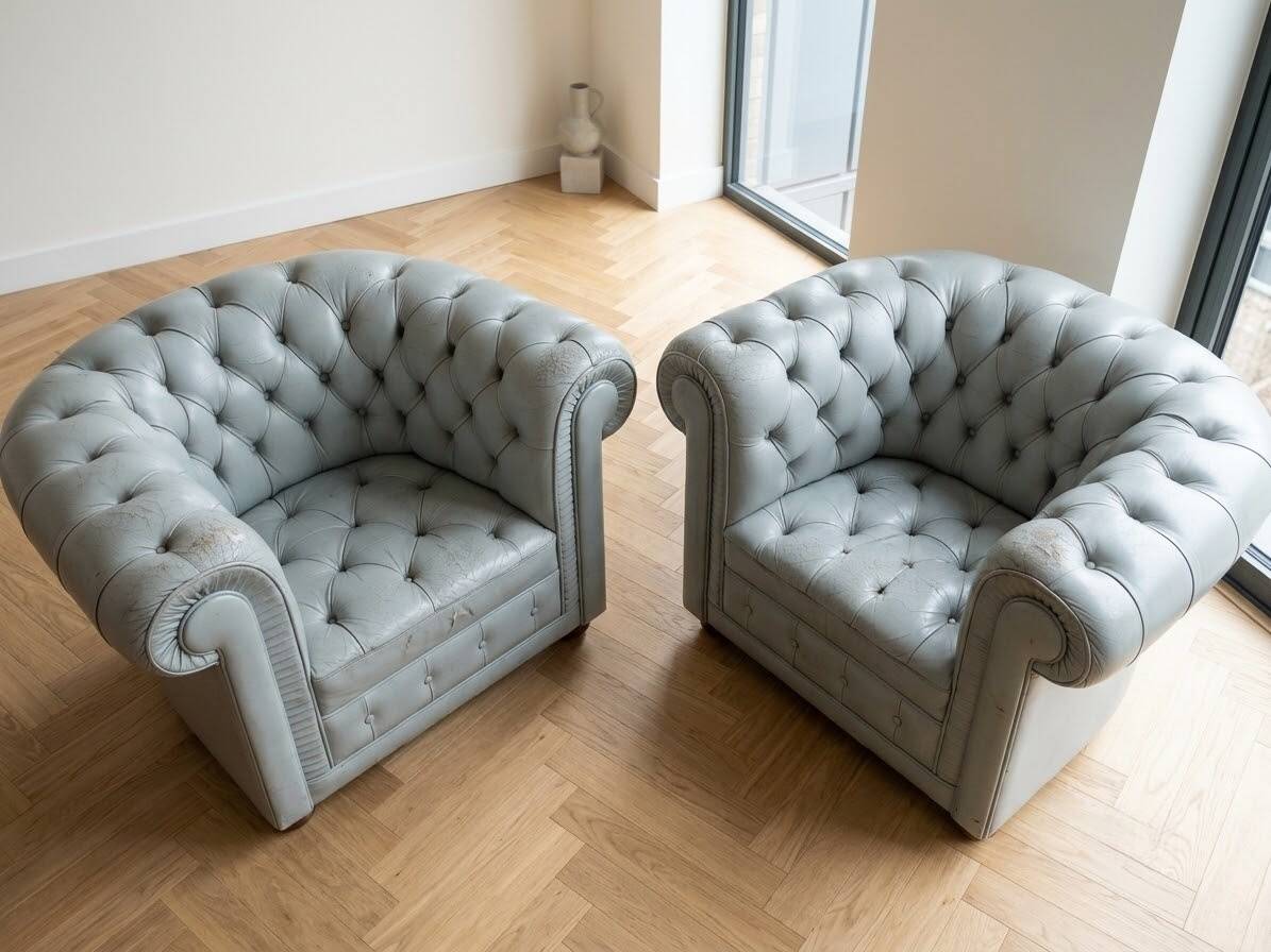 Sofa + 2 grey leather Chesterfield armchairs