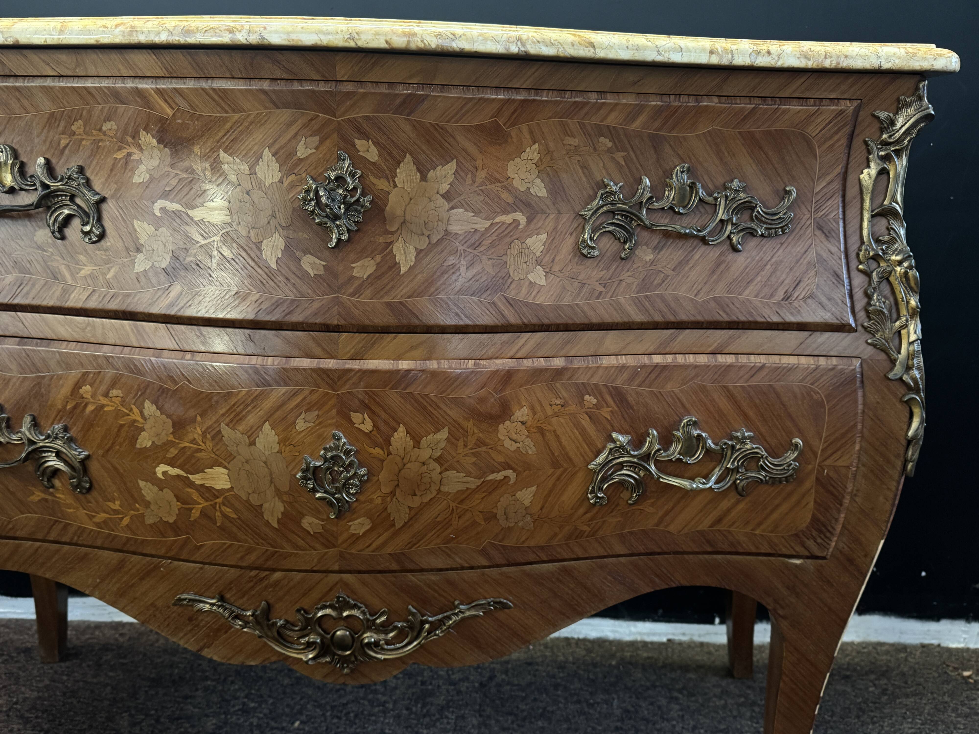 Curved marquetry commode – marble top