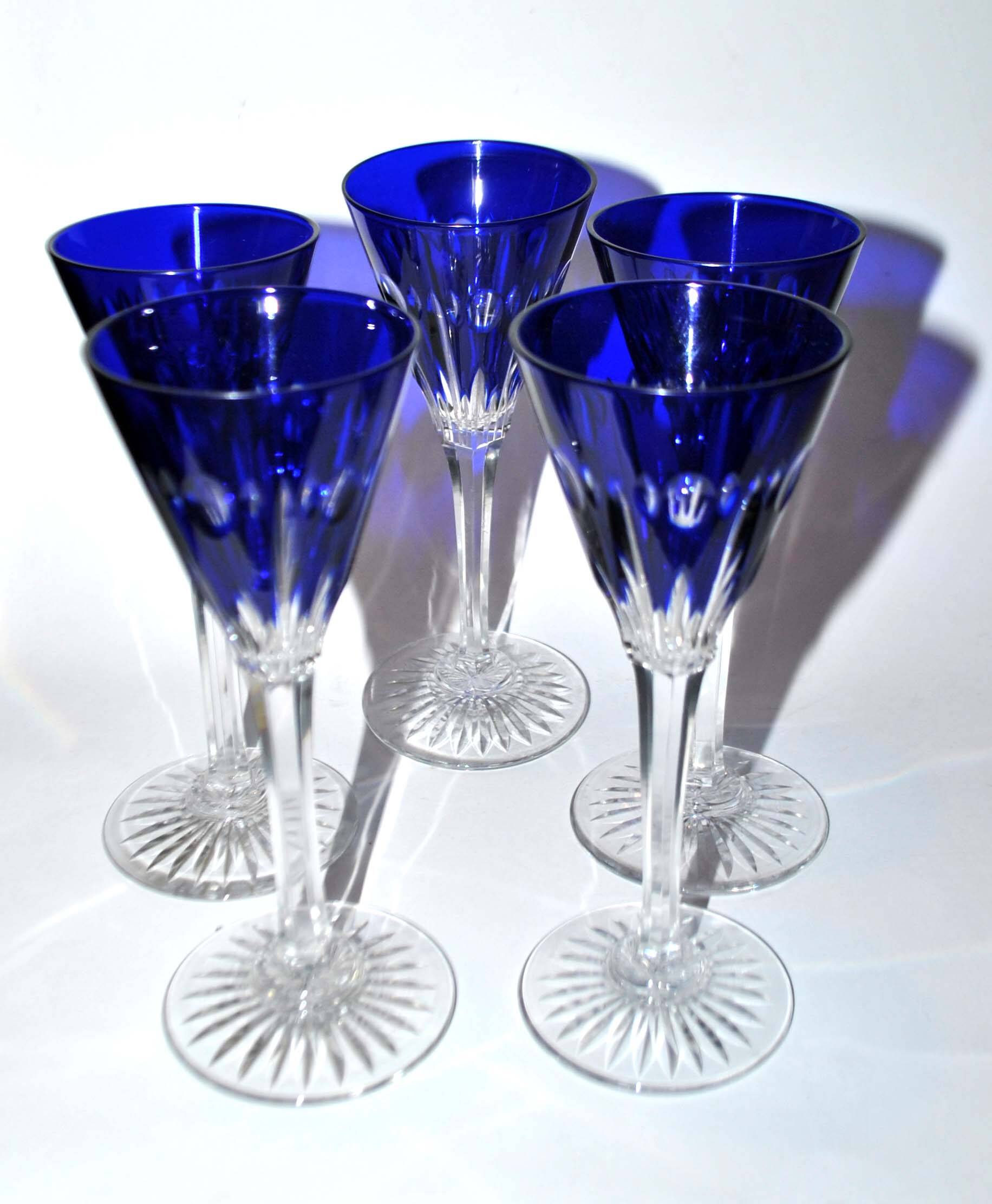 Set of 5 Roemers Nelly glasses in cut crystal from Saint-Louis, cobalt blue color, 1930