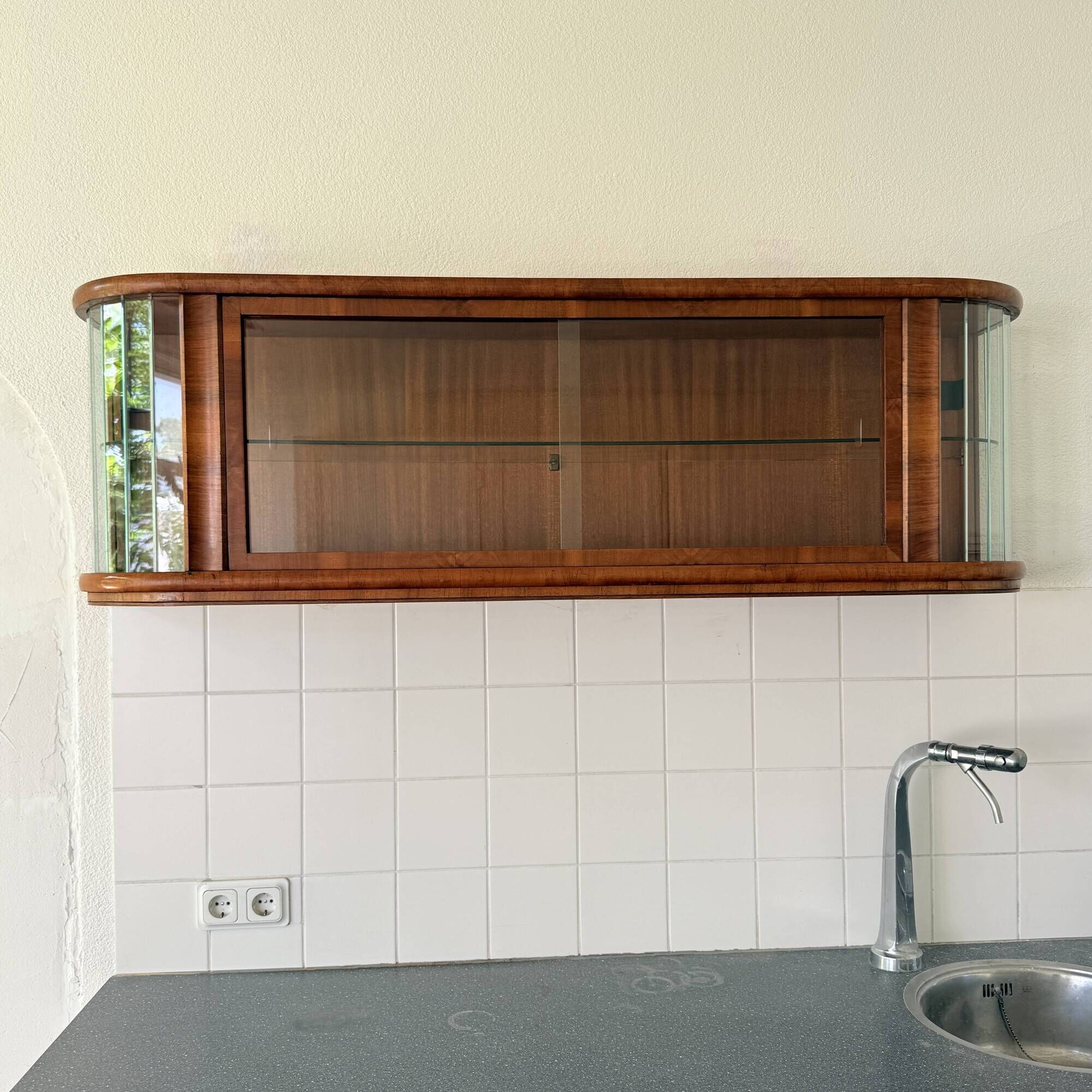 Polish Mid-Century Modern Wall Showcase Cabinet – Beveled Glass & Wood Vene