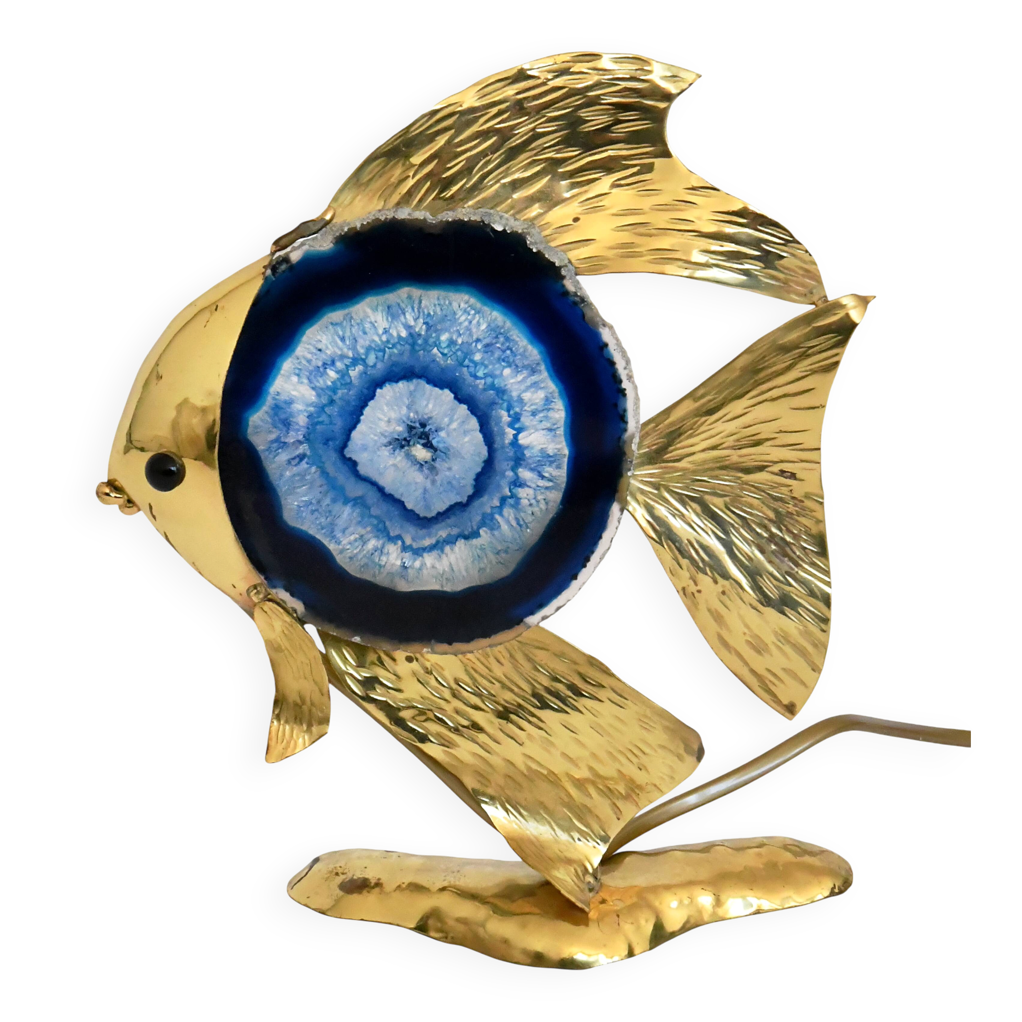 Angel fish lamp in gold metal and blue agate