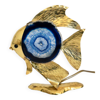 Angel fish lamp in gold metal and blue agate