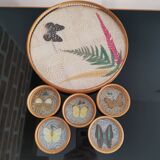 Tray Set and 5 Butterfly Aperitif Coasters - Bamboo and Rattan - Vintage