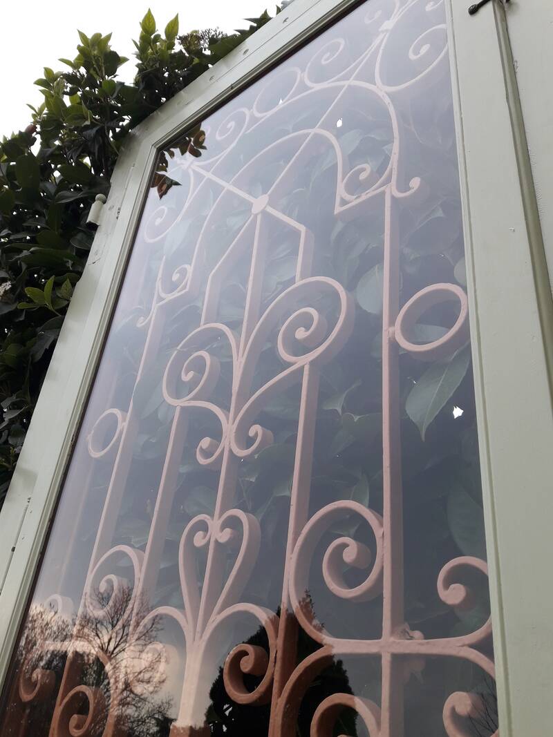 Entrance door 264x99cm old walnut oak wrought iron grille glass panel