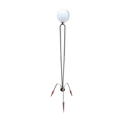 Lampadaire tripode design, acier, laiton et opaline, vintage, années 50