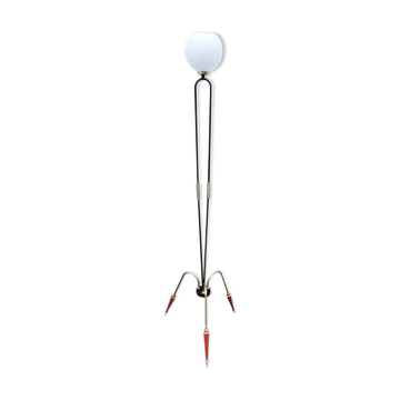 Lampadaire tripode design, acier, laiton et opaline, vintage, années 50
