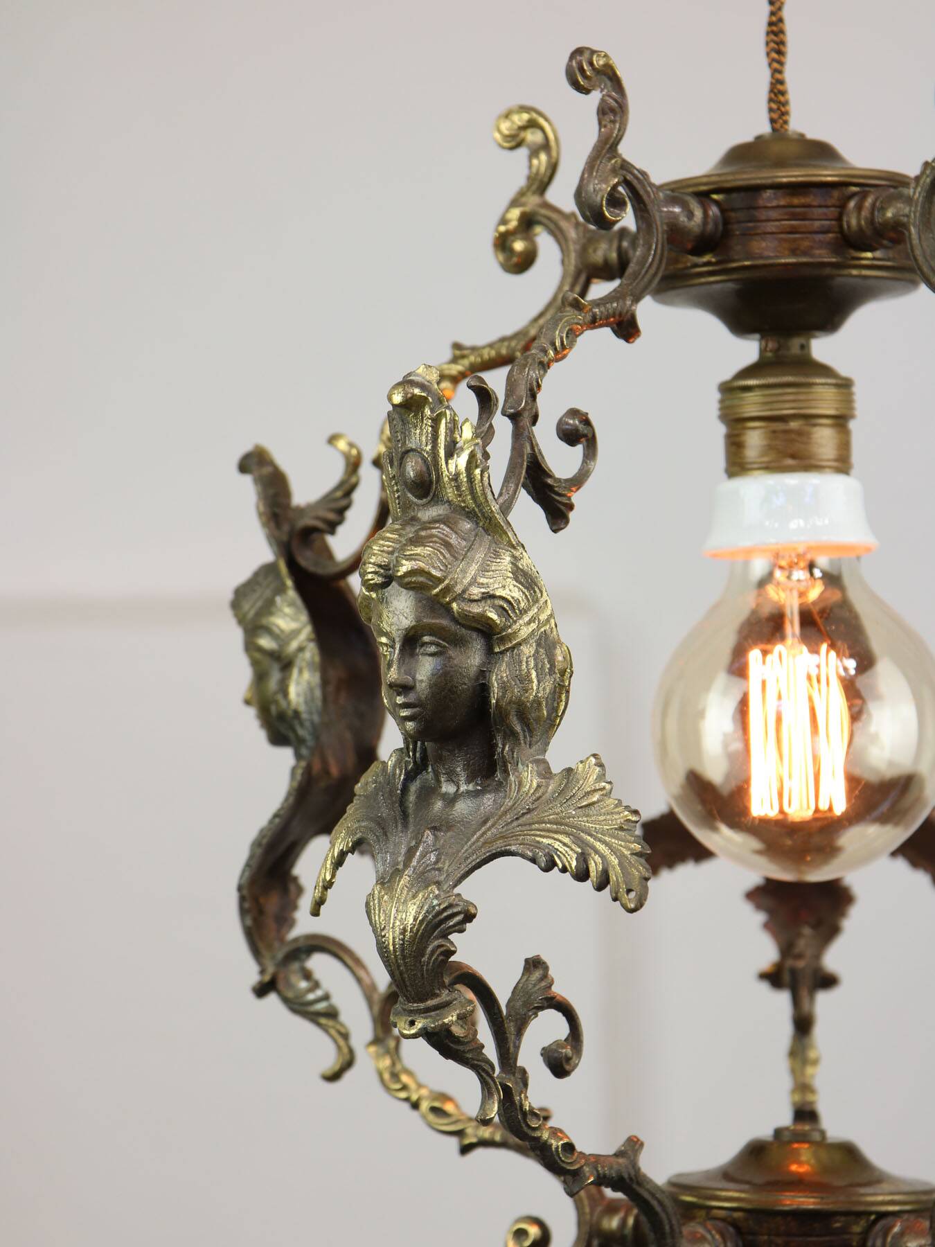 Vintage Patinated Bronze Figural Pendant Lamp