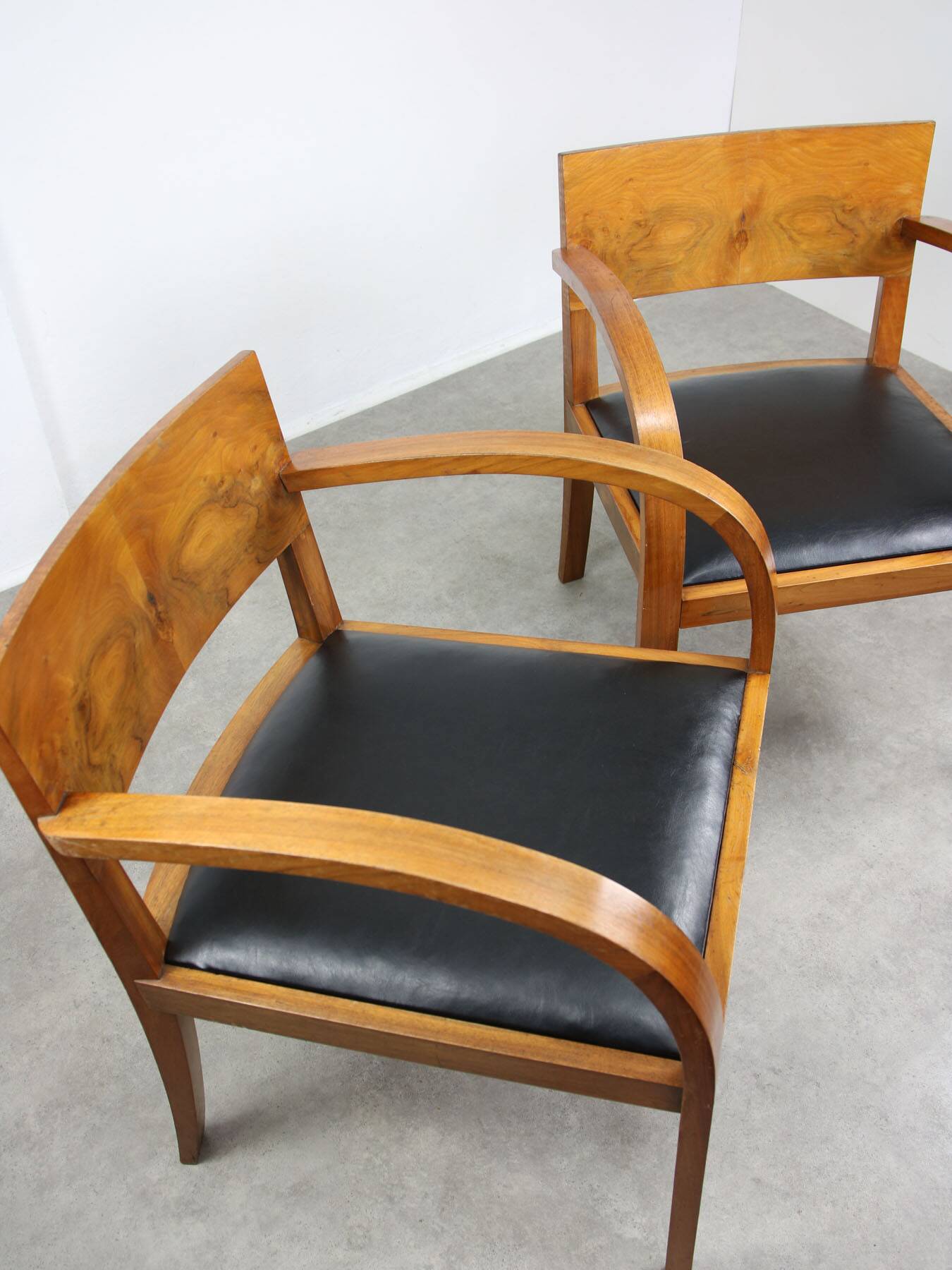 Italian Art Deco Lounge Chairs in Wood & Black Leatherette, set of 2