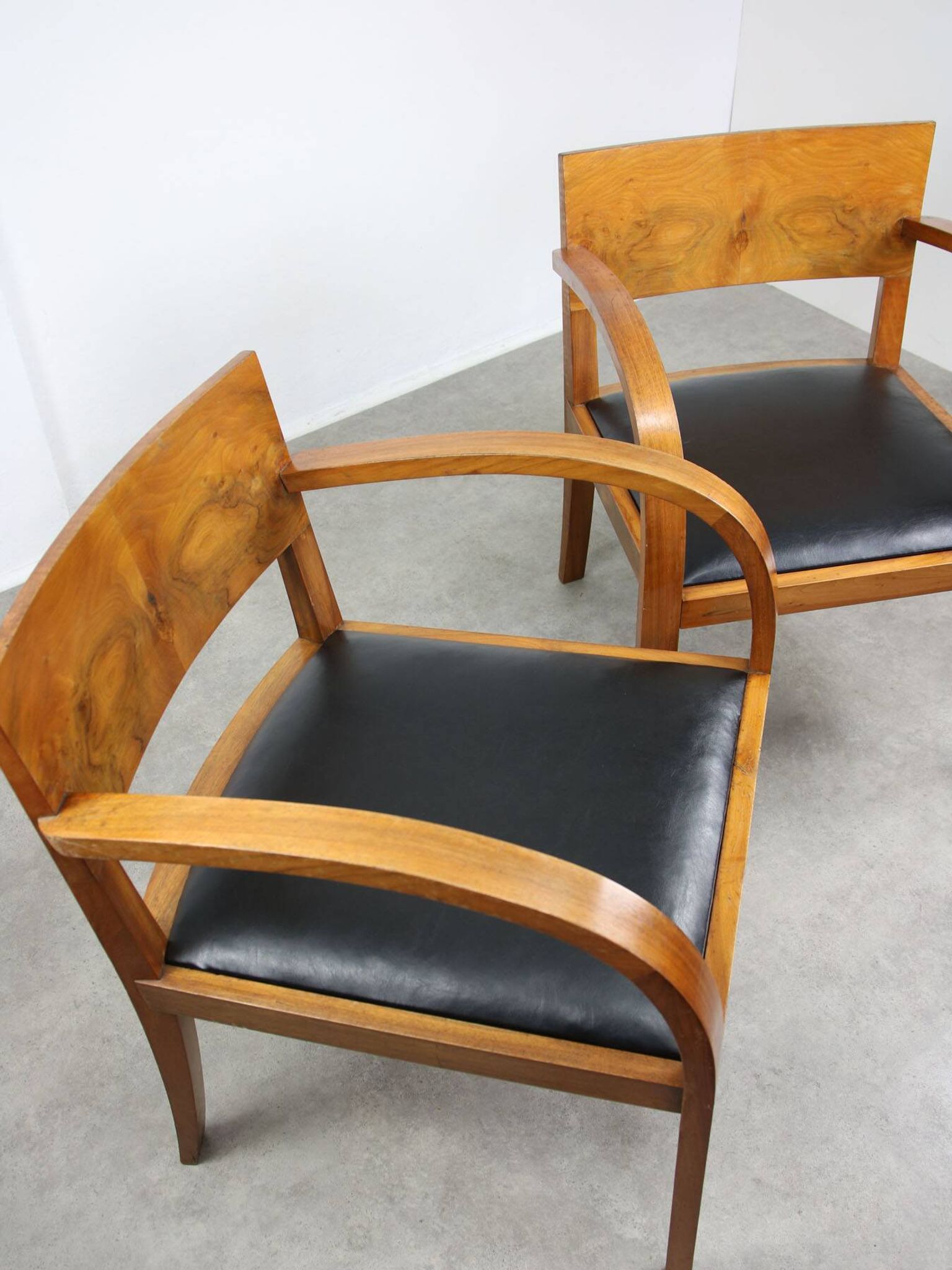 Italian Art Deco Lounge Chairs in Wood & Black Leatherette, set of 2