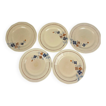 Set of 5 flat plates Sarreguemines floral pattern, 1920-40