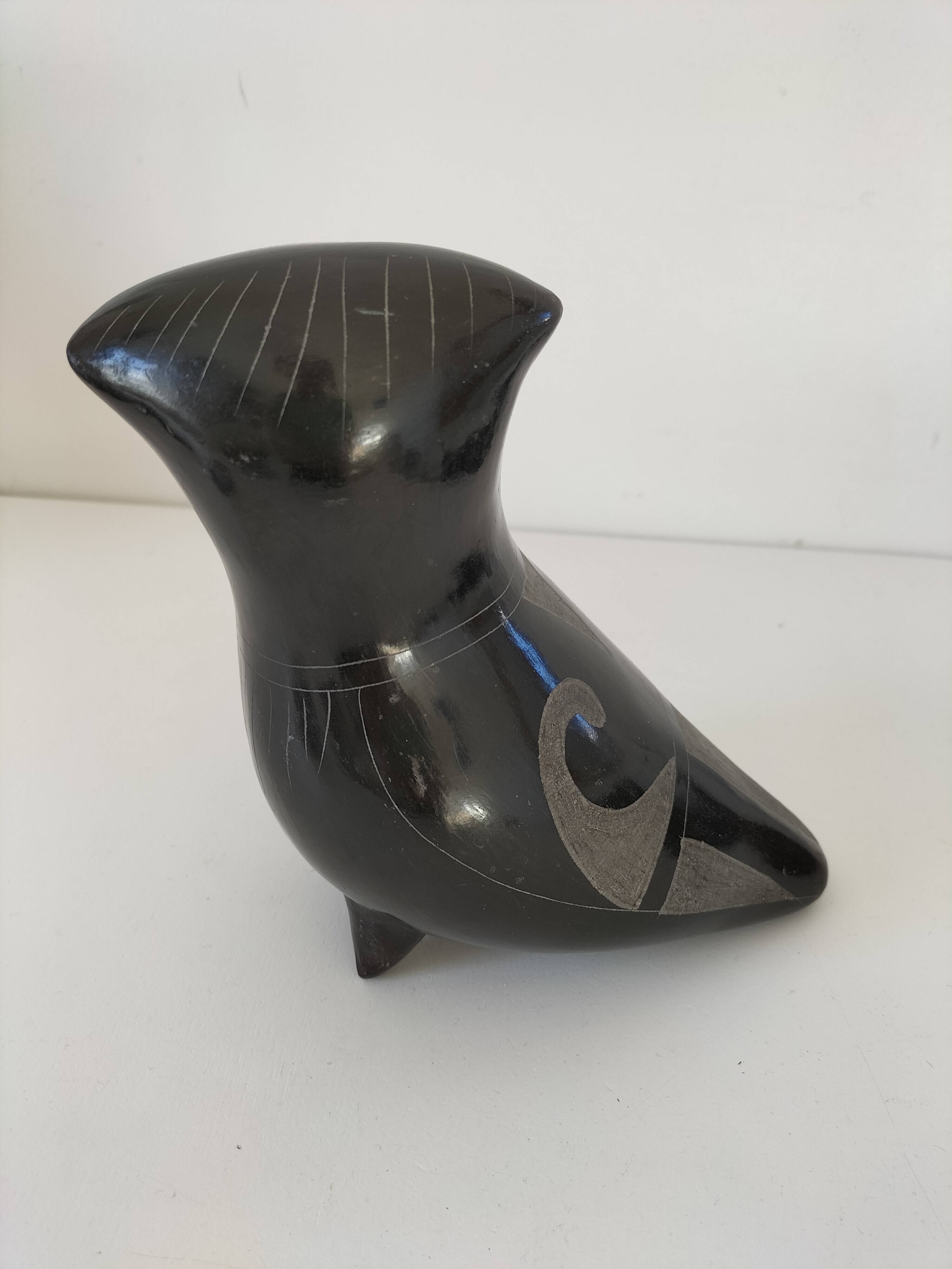 Engraved black ceramic owl signed Mexico
