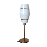 Mid-century gold metal table lamp with white striped shade