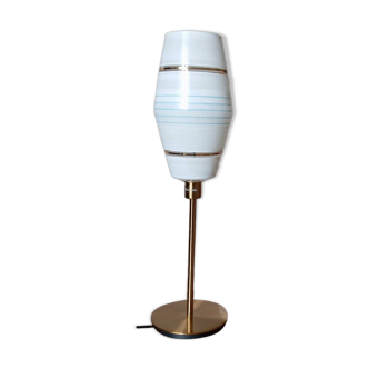 Lampe à poser métal doré abat jour mid-century blanc à rayures