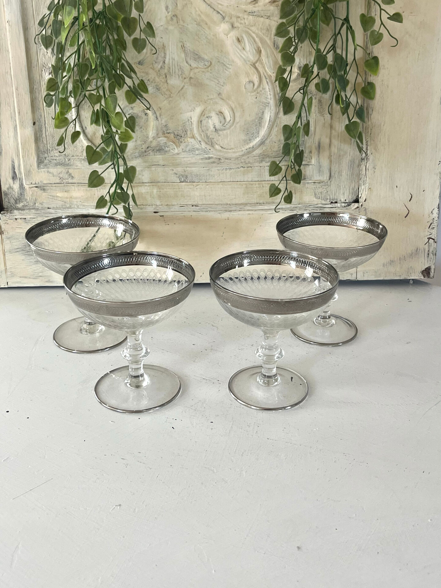 Etched silver rim cocktail coupe glasses set mid century barware
