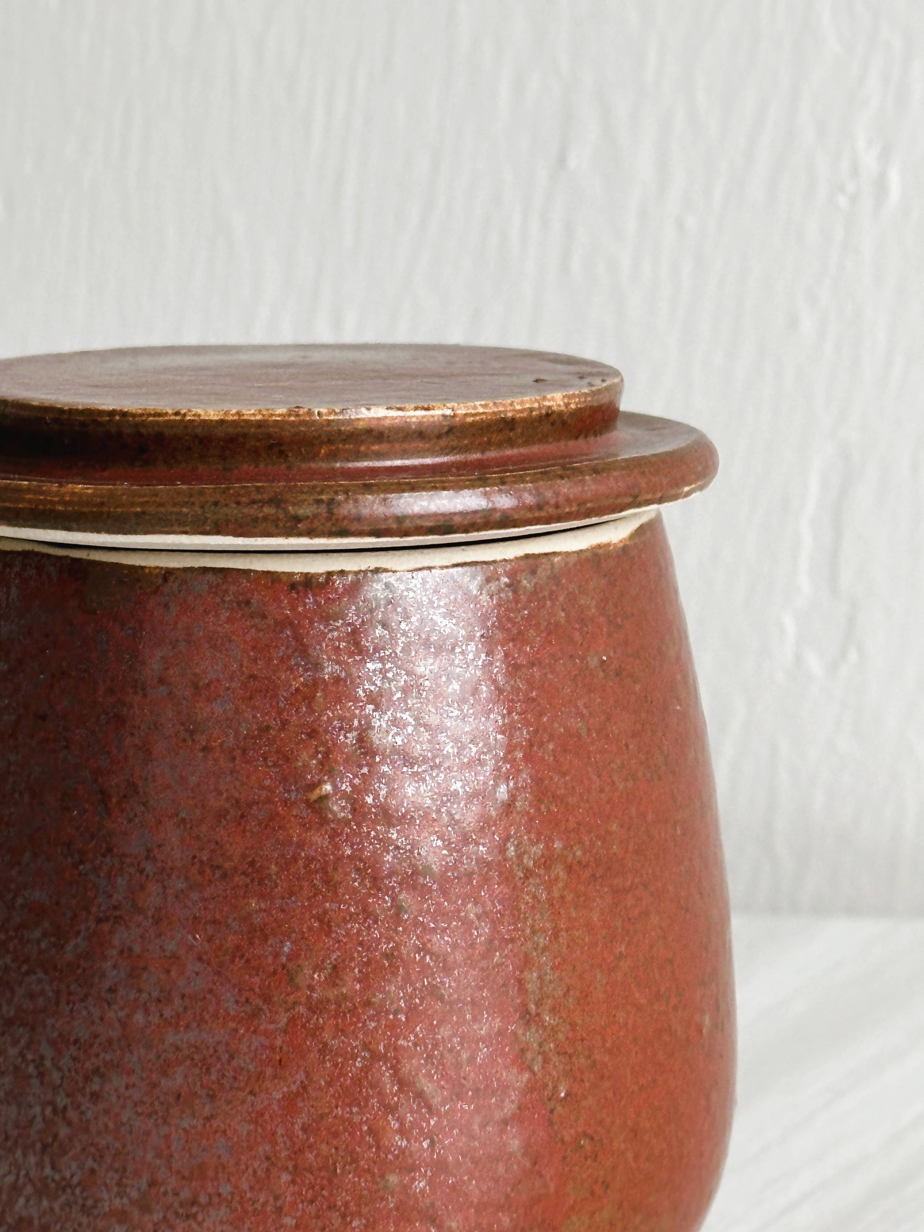 Antique butter dish in burgundy glazed stoneware