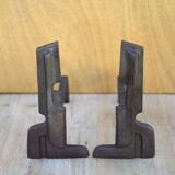 Vintage fireplace andirons France, wrought iron and cast iron andirons, modernist, brutalist, deco