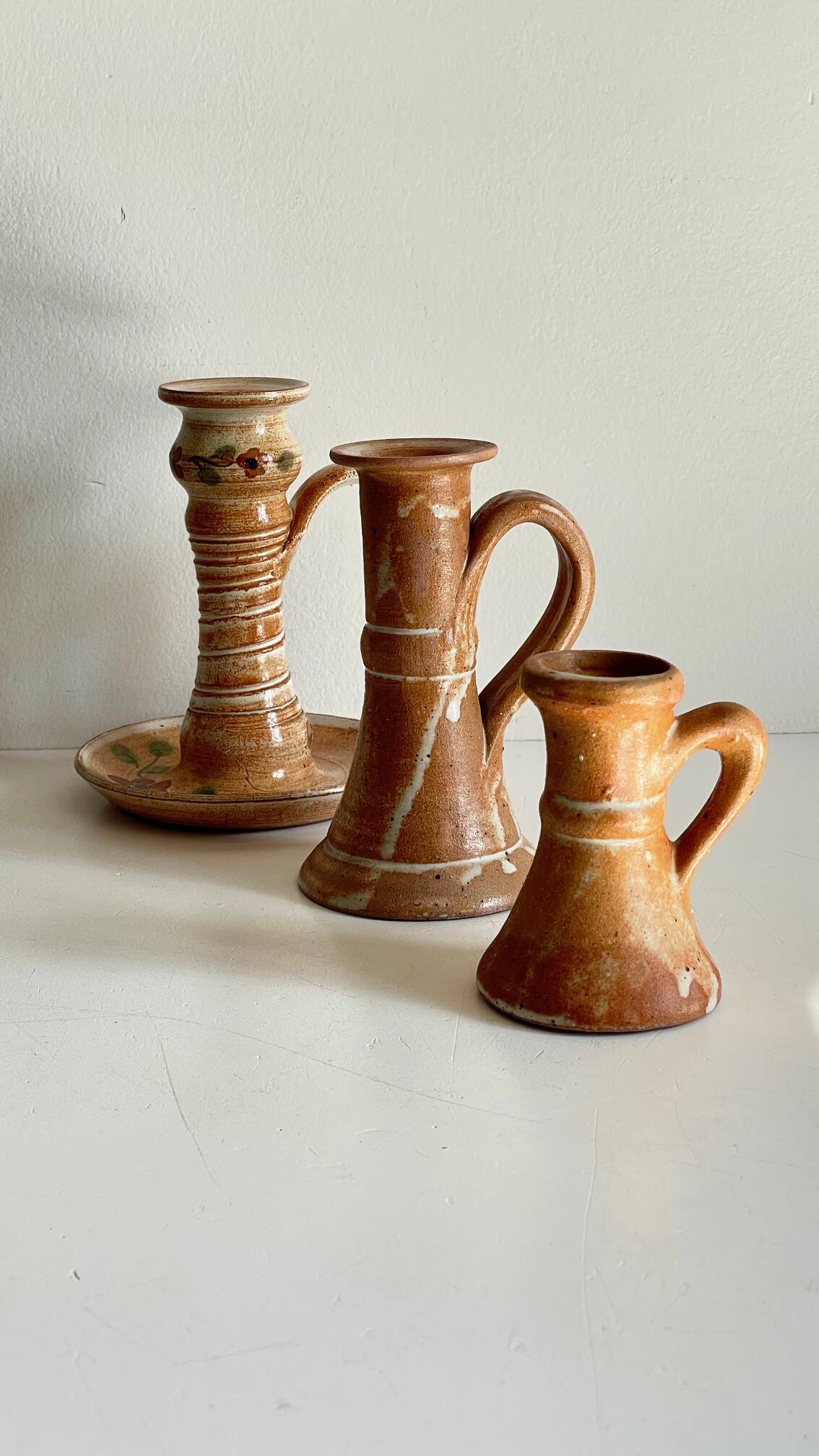 3 vintage handcrafted pottery candle holders