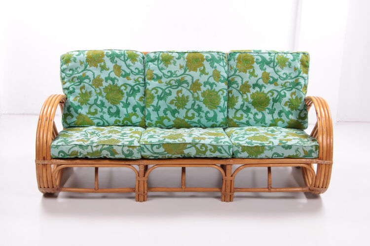 Vintage set of bamboo lounge armchairs and sofa with coffee table Paul Frankl, 1960s