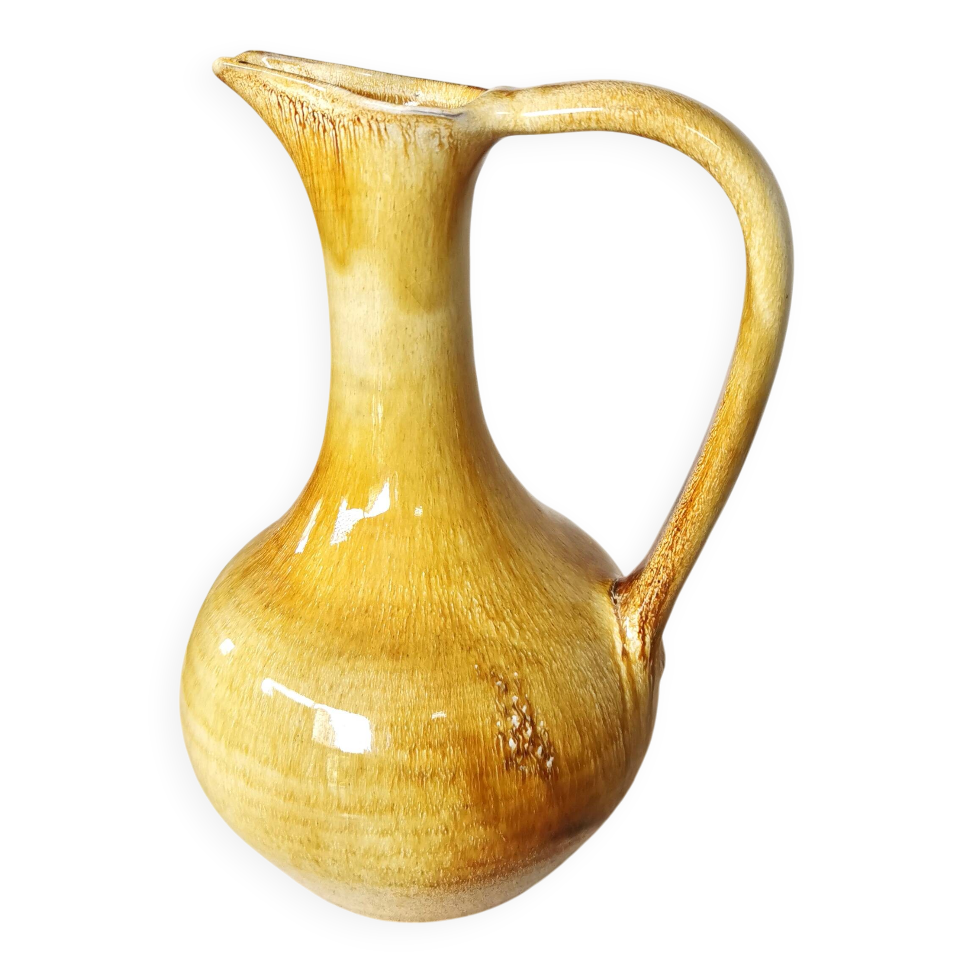 Handmade Ceramic Pitcher: 1970s LKC Pottery, Yellow Brown Glaze