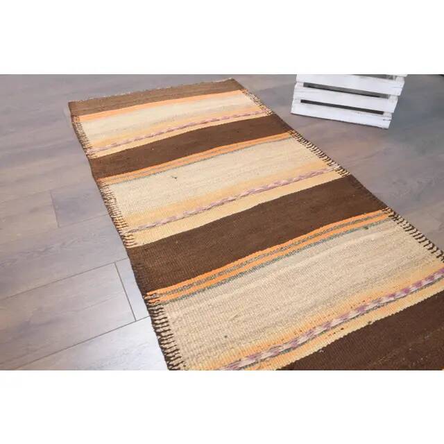 Vintage Turkish Oushak handmade wool cotton beige kilim runner rug 79x303