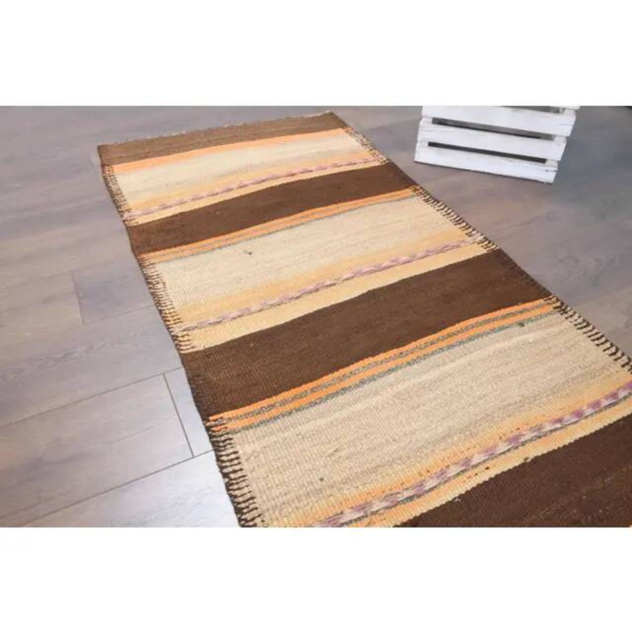 Vintage Turkish Oushak handmade wool cotton beige kilim runner rug 79x303