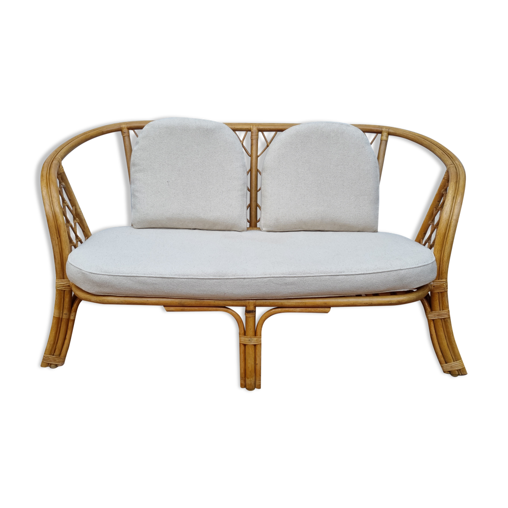 Vintage twoseater natural rattan sofa with cotton cushions, 140 cm