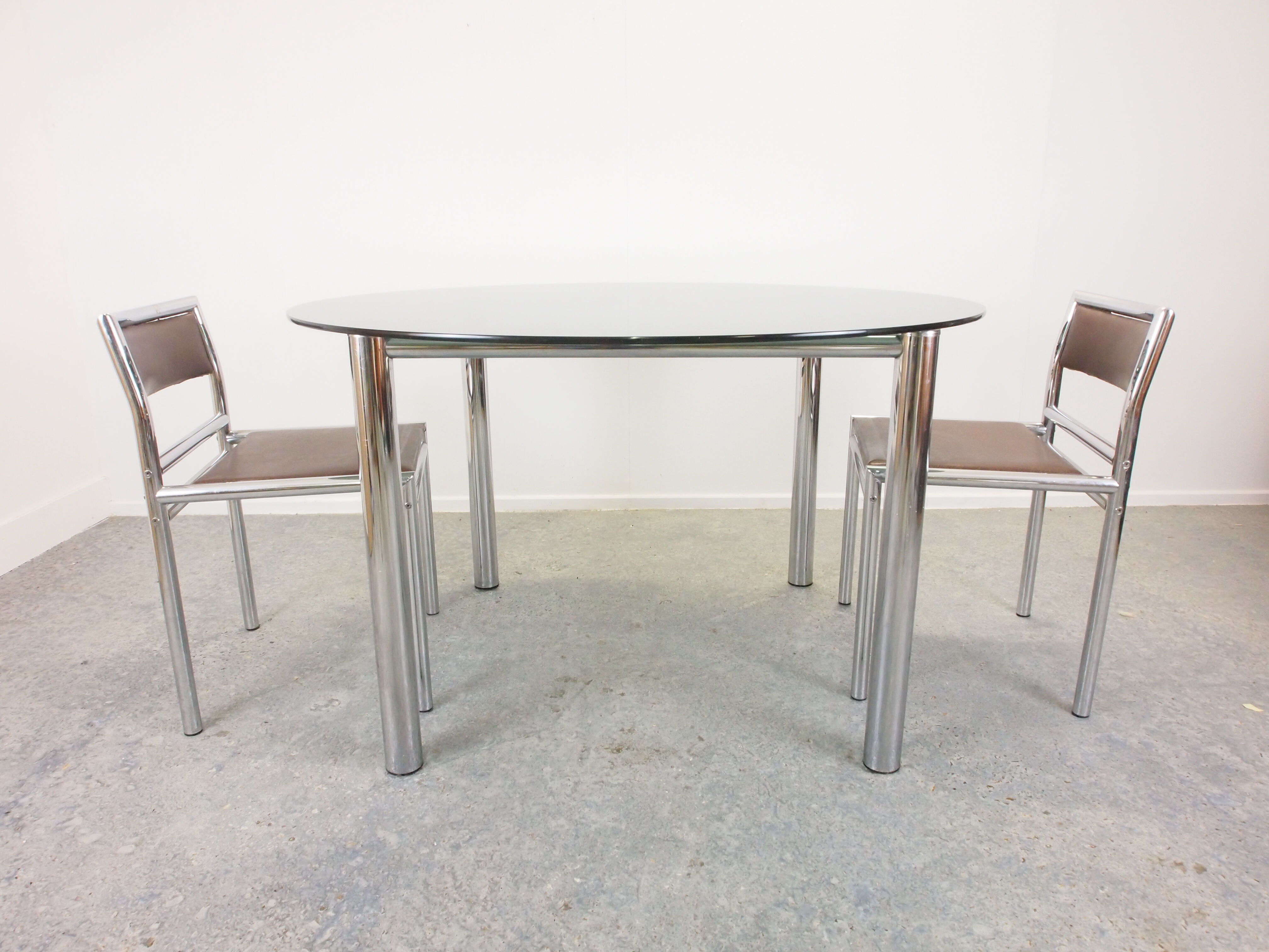 Vintage Seventies round dining table with blue/grey smoked glass top