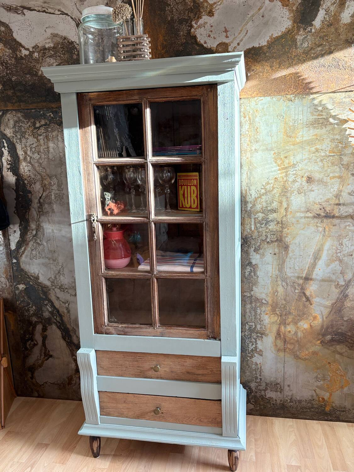Raw wood and celadon glass cabinet
