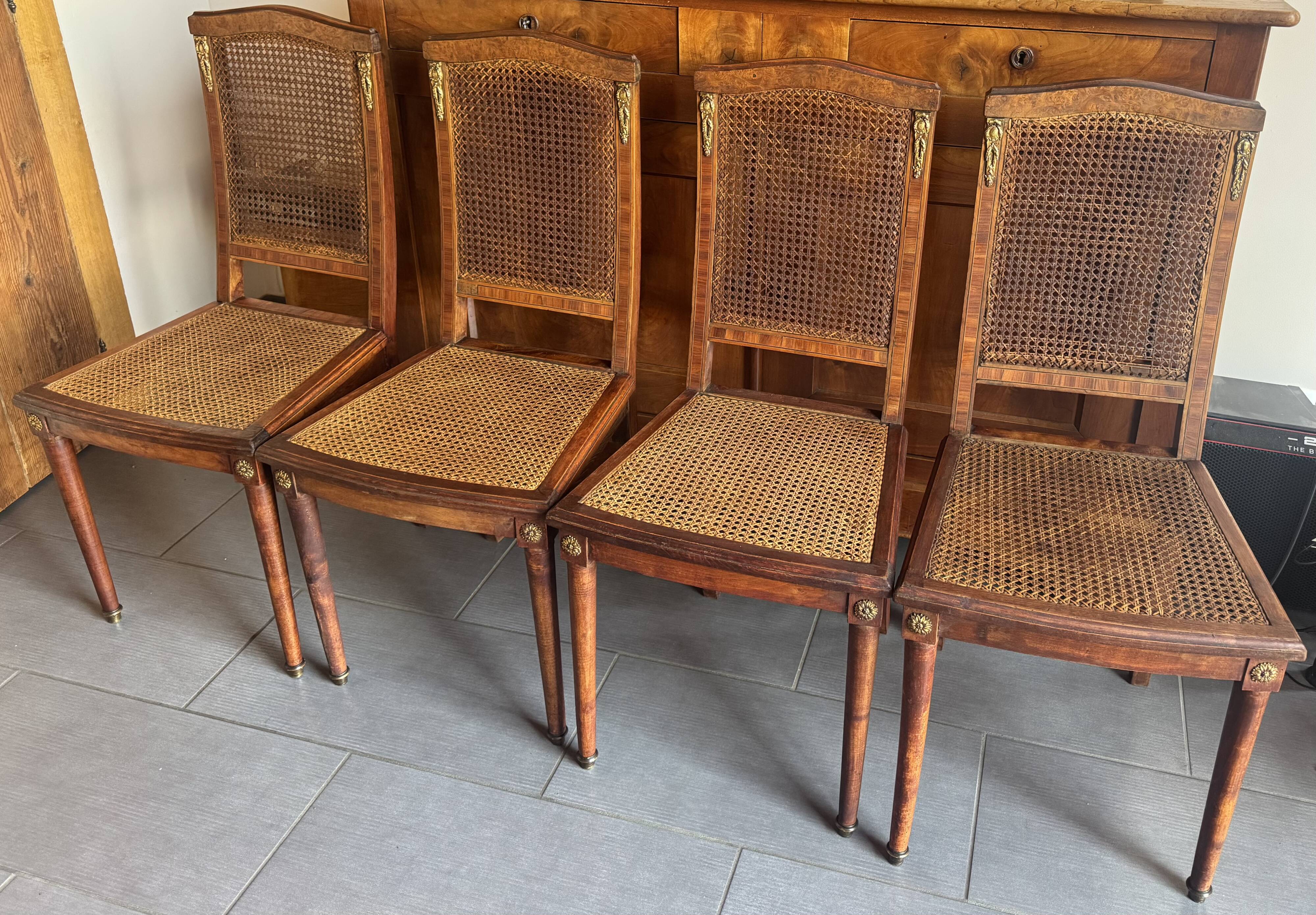 Set of four antique Louis XVI style chairs, wood and cane