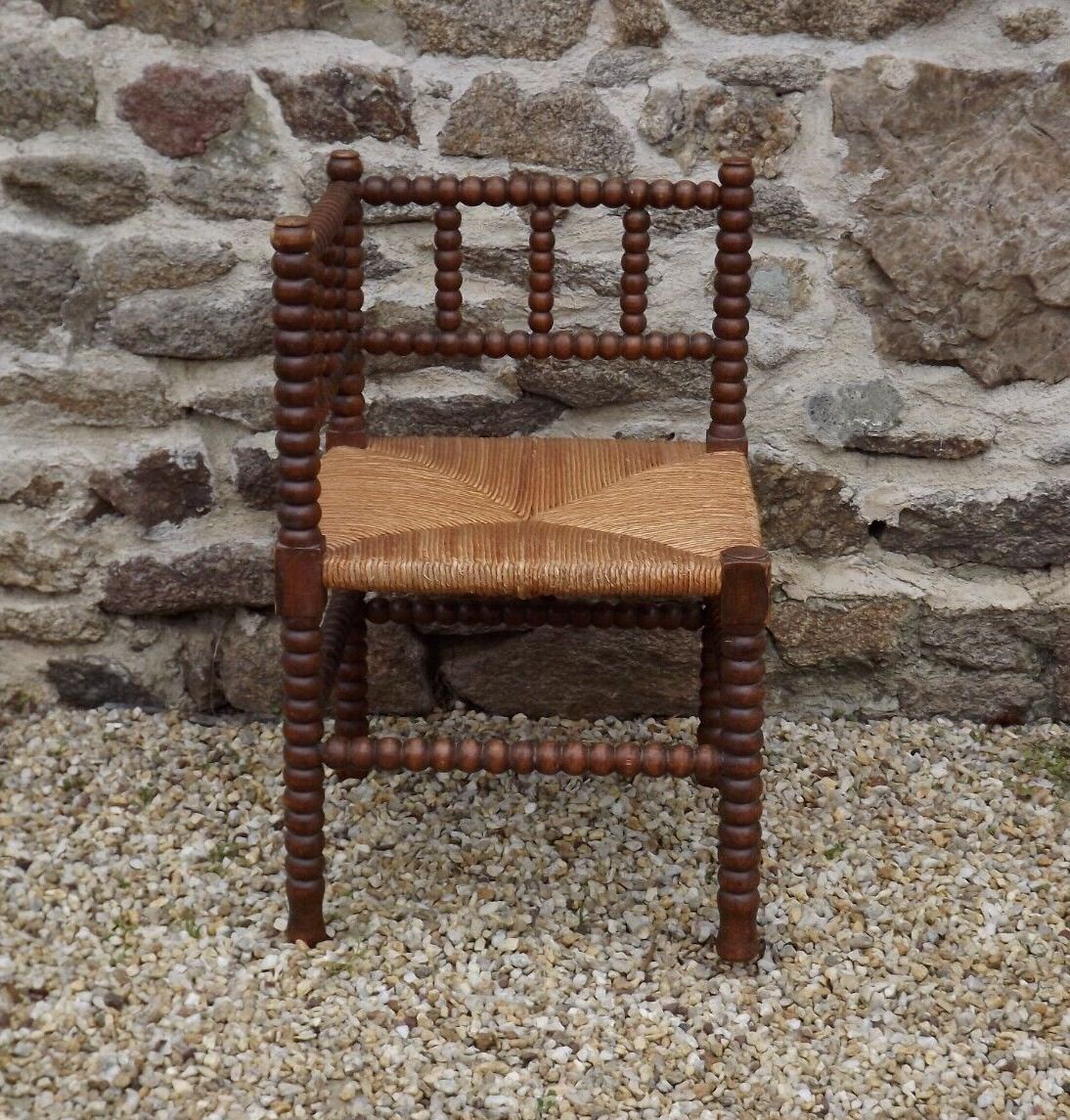French antique turned wooden bobbin chair with rush seat 4156