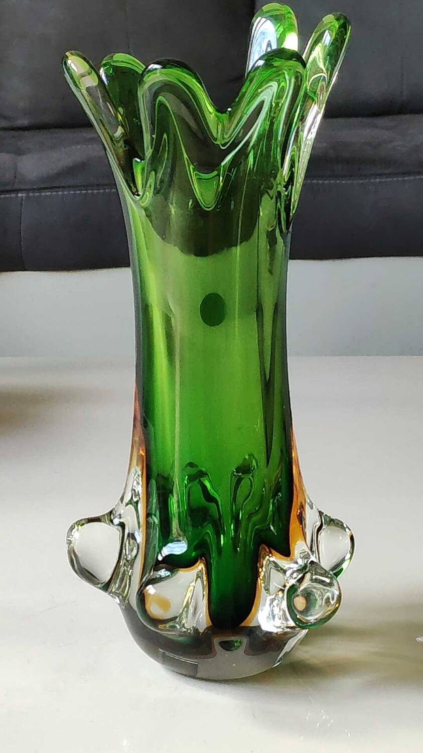 Murano/Flavio Poli vase. Blown art glass, green/amber tones. Organic floral shape. Height 28 cm