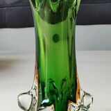Murano/Flavio Poli vase. Blown art glass, green/amber tones. Organic floral shape. Height 28 cm