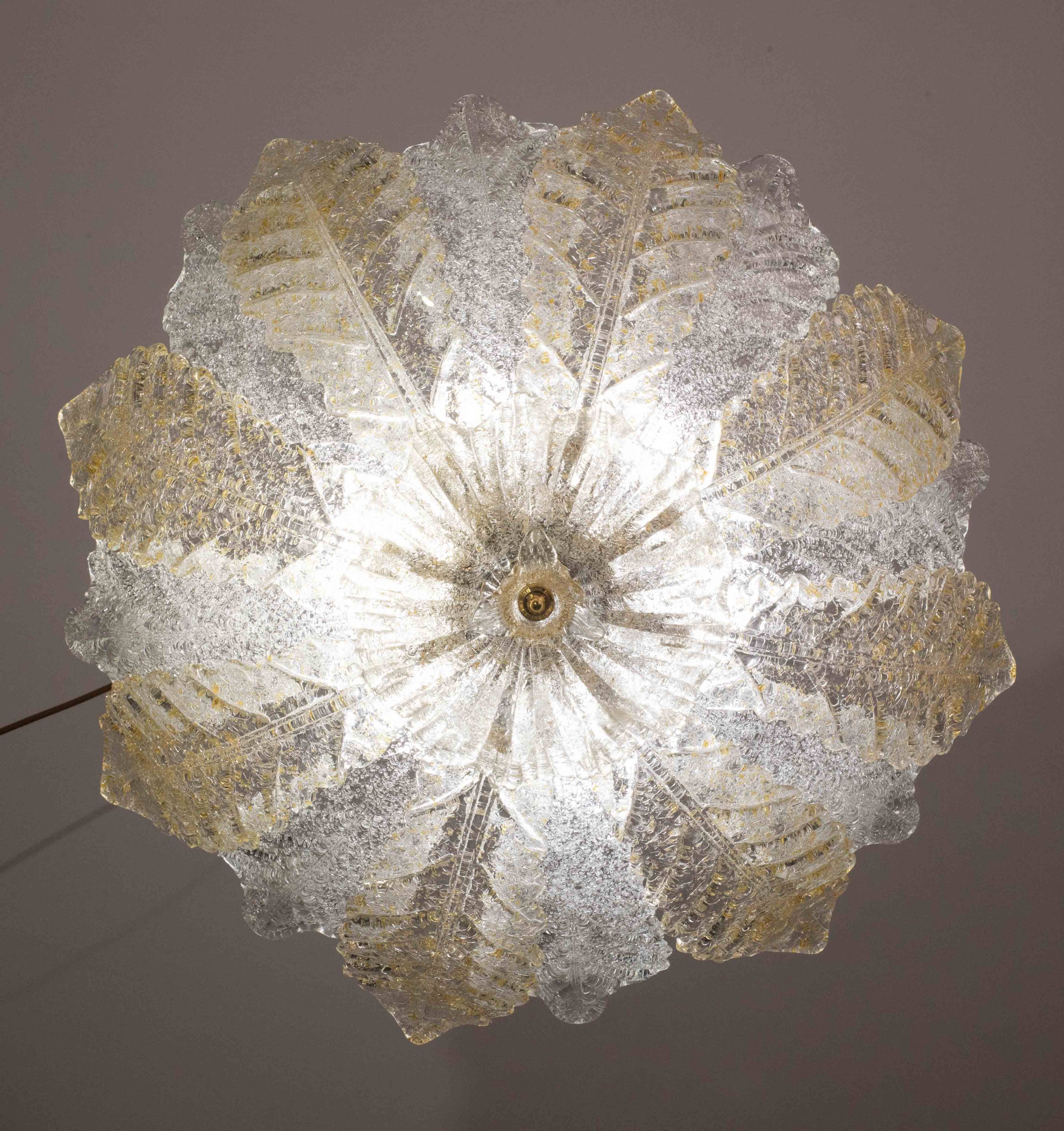 Murano Glass Gold and Transparent Leaves Chandelier or Flush Mount, 1970s