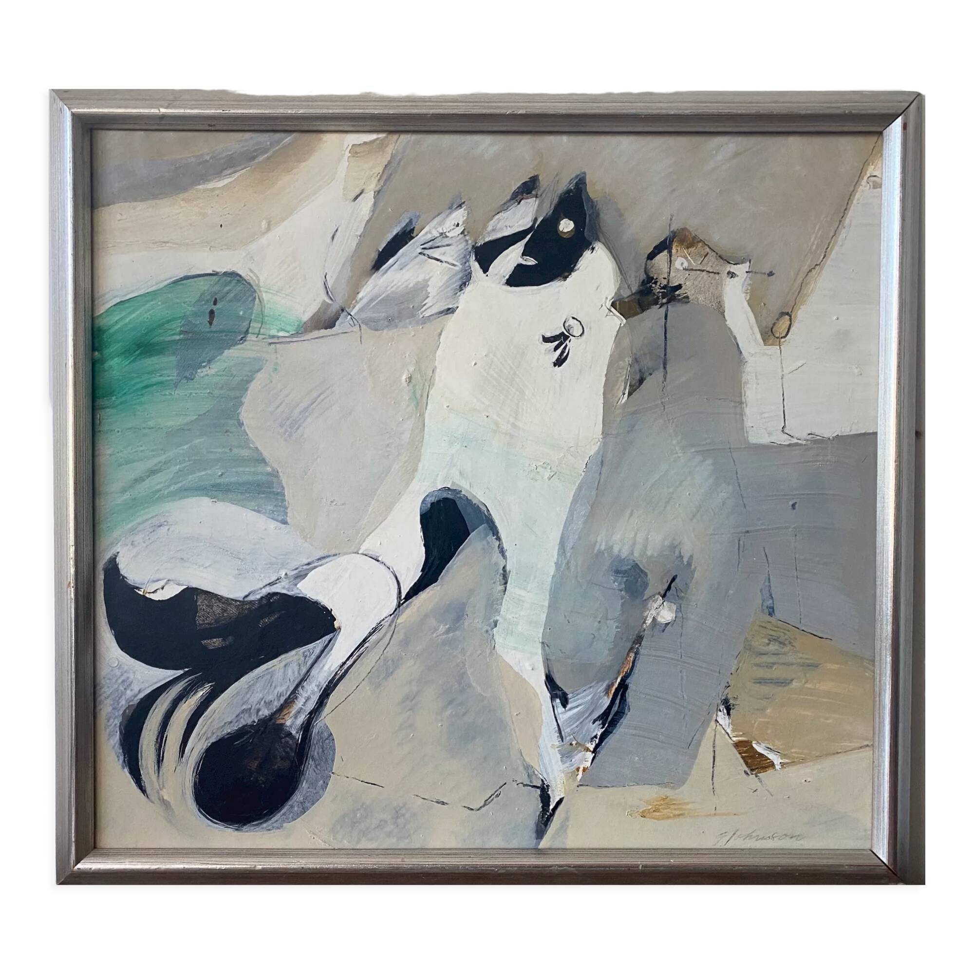 Mid-Century Modern "Flux" Swedish Vintage Abstract Oil Painting, Framed